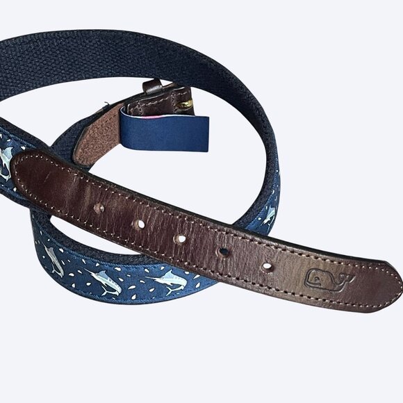 Vineyard Vines Belt Sz 28 Marlin Swordfish Ribbon Print on Canvas Web Brass Blue - Picture 4 of 5